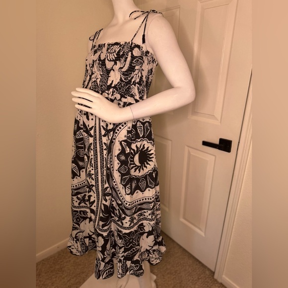 FARM RIO Black/White POPLIN BEADED TROPICAL CELESTIAL SUNS MIDI DRESS M - Picture 4 of 12